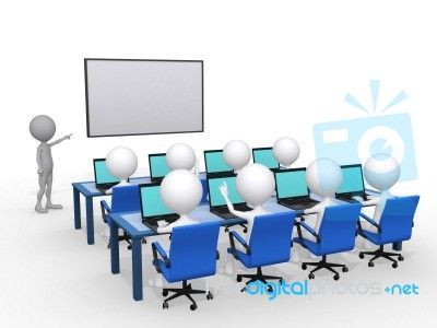 Figuras 3D en sala de capacitación con laptops frente a instructor señalando pantalla blanca