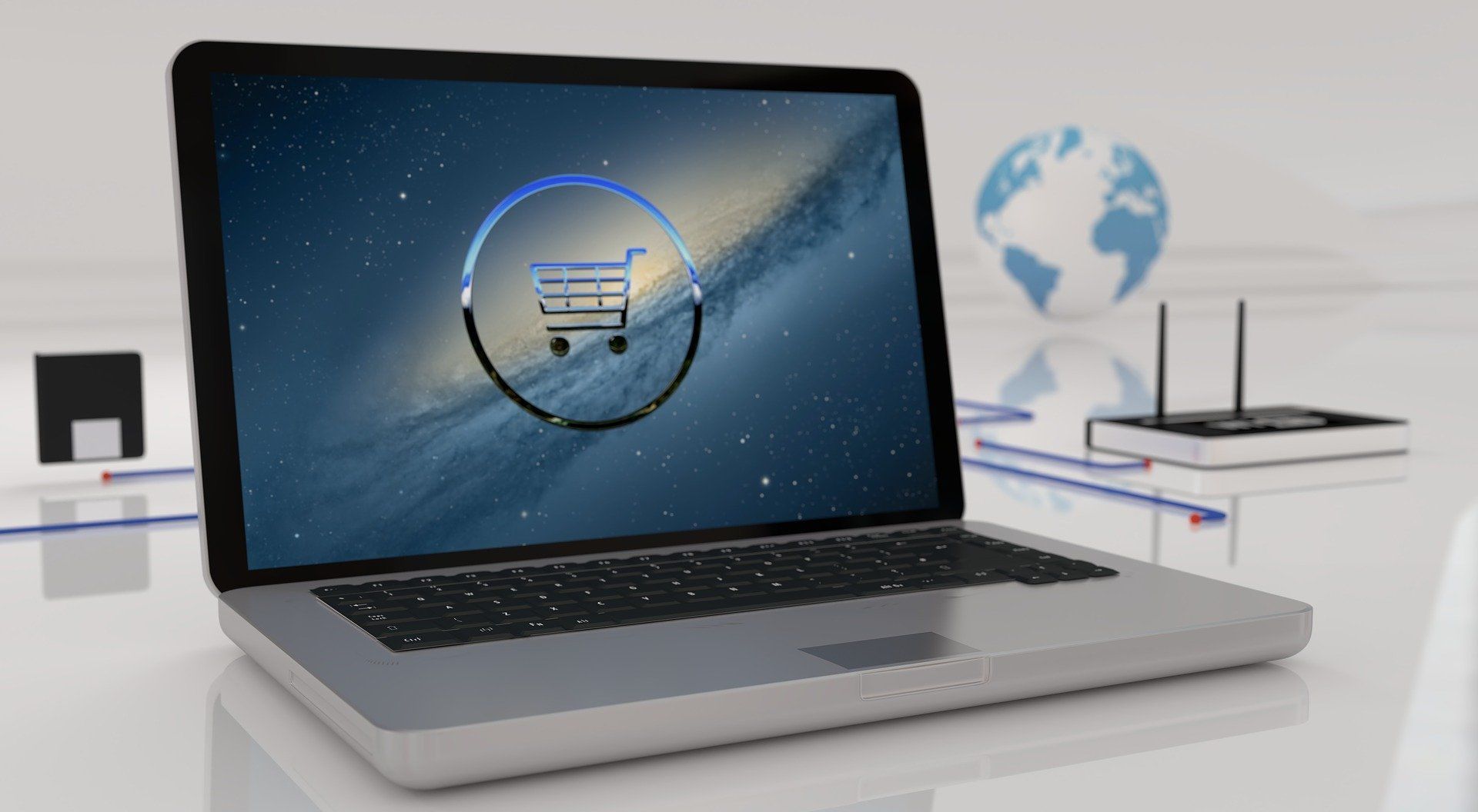 Portátil con icono de carrito de compras en pantalla, router y globo terráqueo al fondo