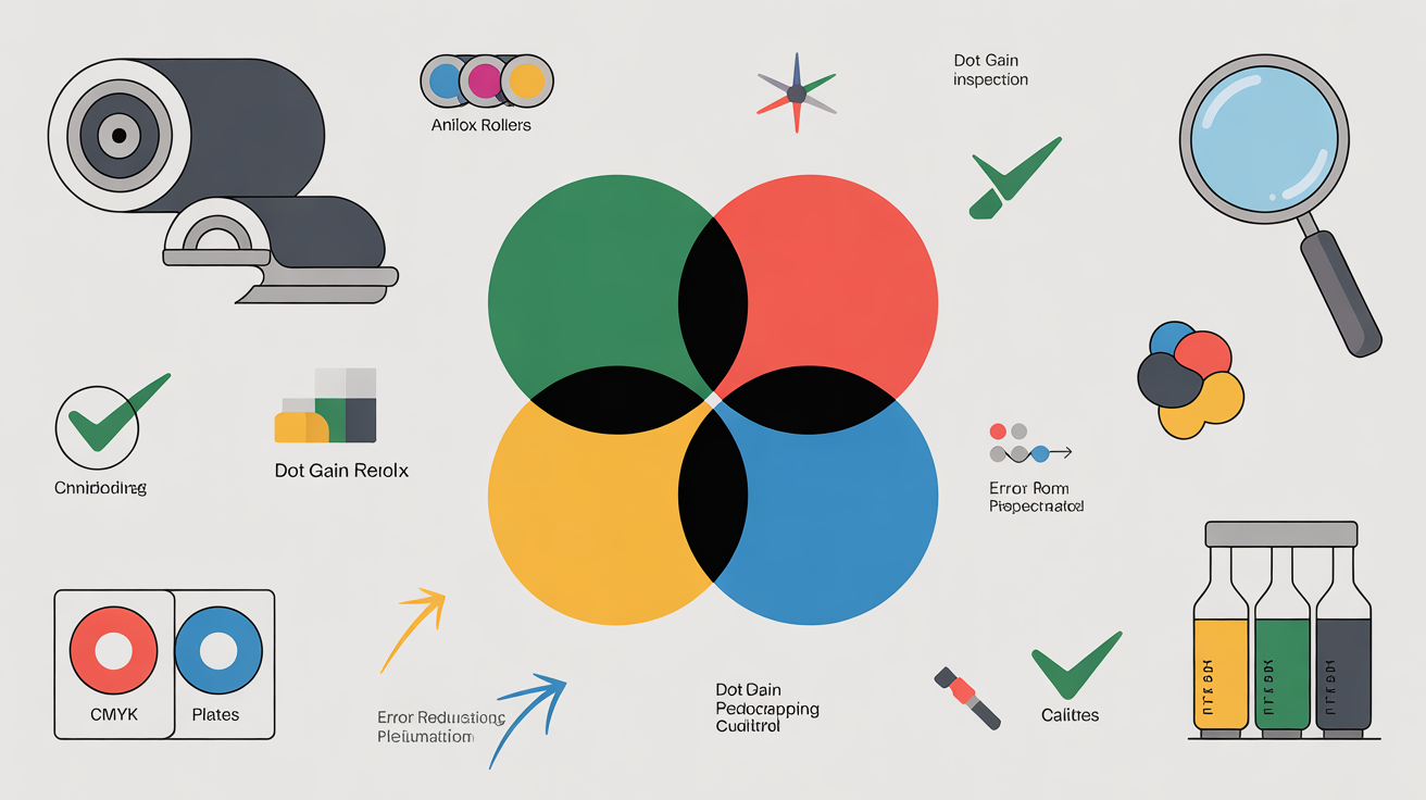 Infografía sobre control de calidad en impresión CMYK con círculos de color superpuestos y herramientas