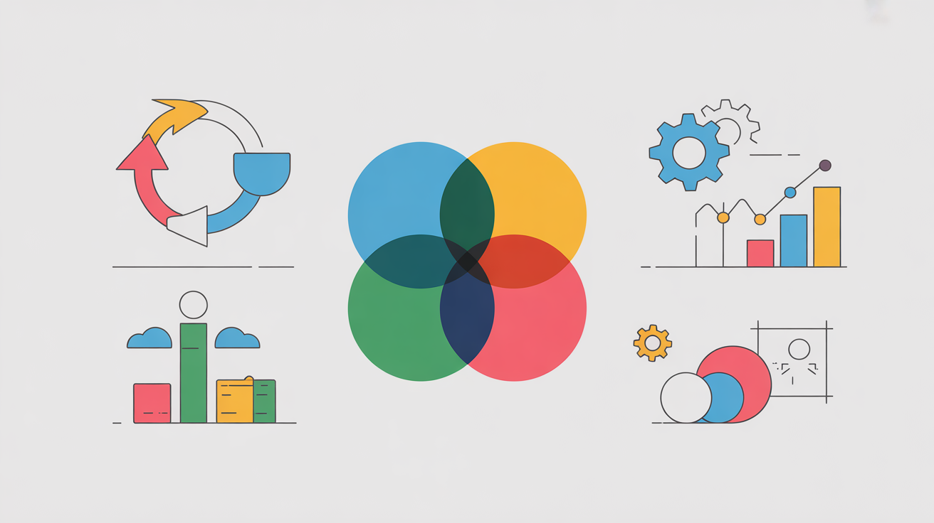 Iconos de negocios con diagrama de Venn, gráficos de barras, engranajes y flechas circulares