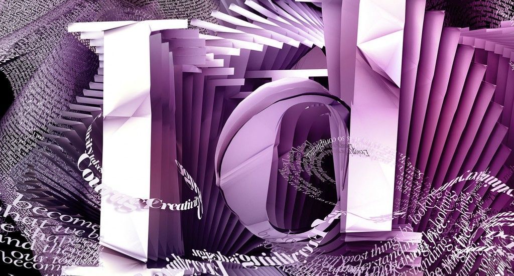 Composición abstracta 3D con letras y tipografía en tonos púrpura y blanco con efecto espiral