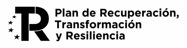 Logo del Plan de Recuperación, Transformación y Resiliencia con letra R estilizada y estrellas europeas
