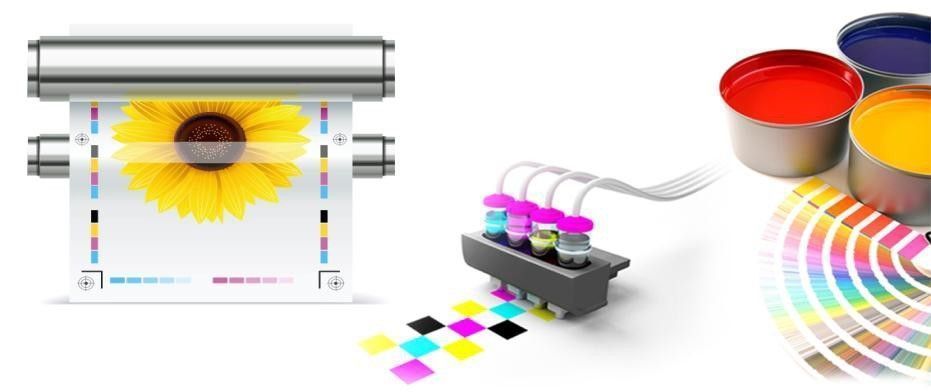 Proceso de impresión CMYK con rodillos, cartuchos de tinta, muestras de color y tintas offset