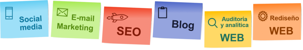 Notas adhesivas de colores con servicios de marketing digital: social media, email, SEO, blog y web