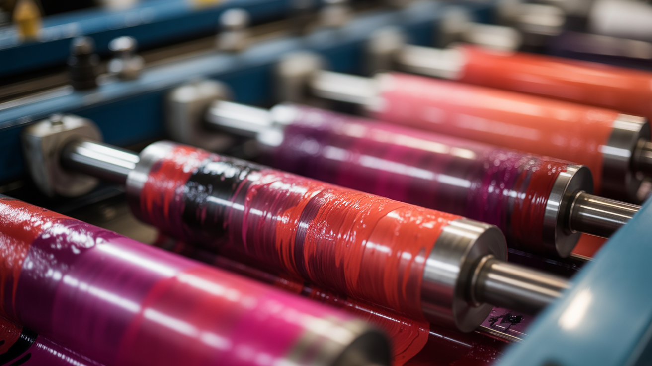 Rodillos de impresión industrial con tintas en tonos rojos, magentas y púrpuras en una imprenta