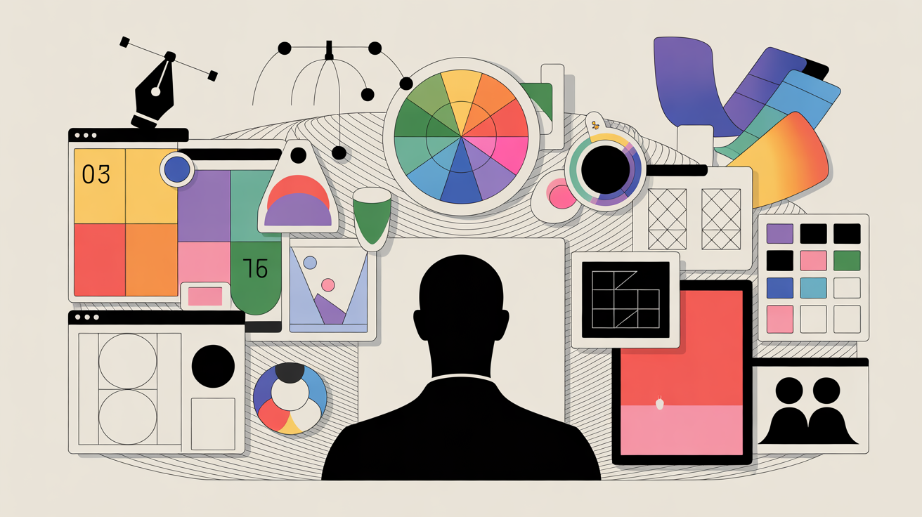 Silueta de persona frente a elementos de diseño gráfico, paletas de colores y herramientas digitales