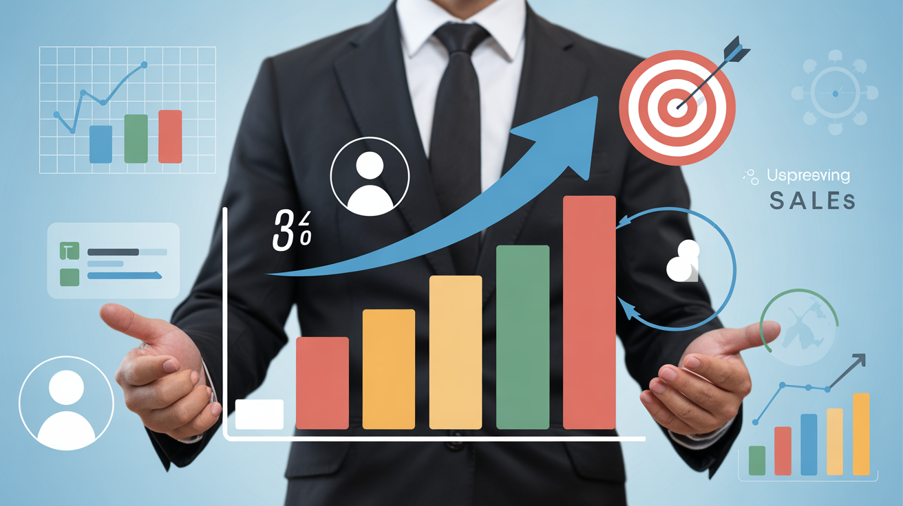 Empresario con gráfico de barras ascendente y elementos de ventas, objetivos y estadísticas