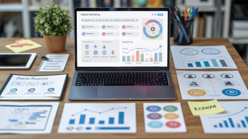 Laptop con dashboard de marketing digital sobre escritorio con gráficos, informes y materiales de oficina