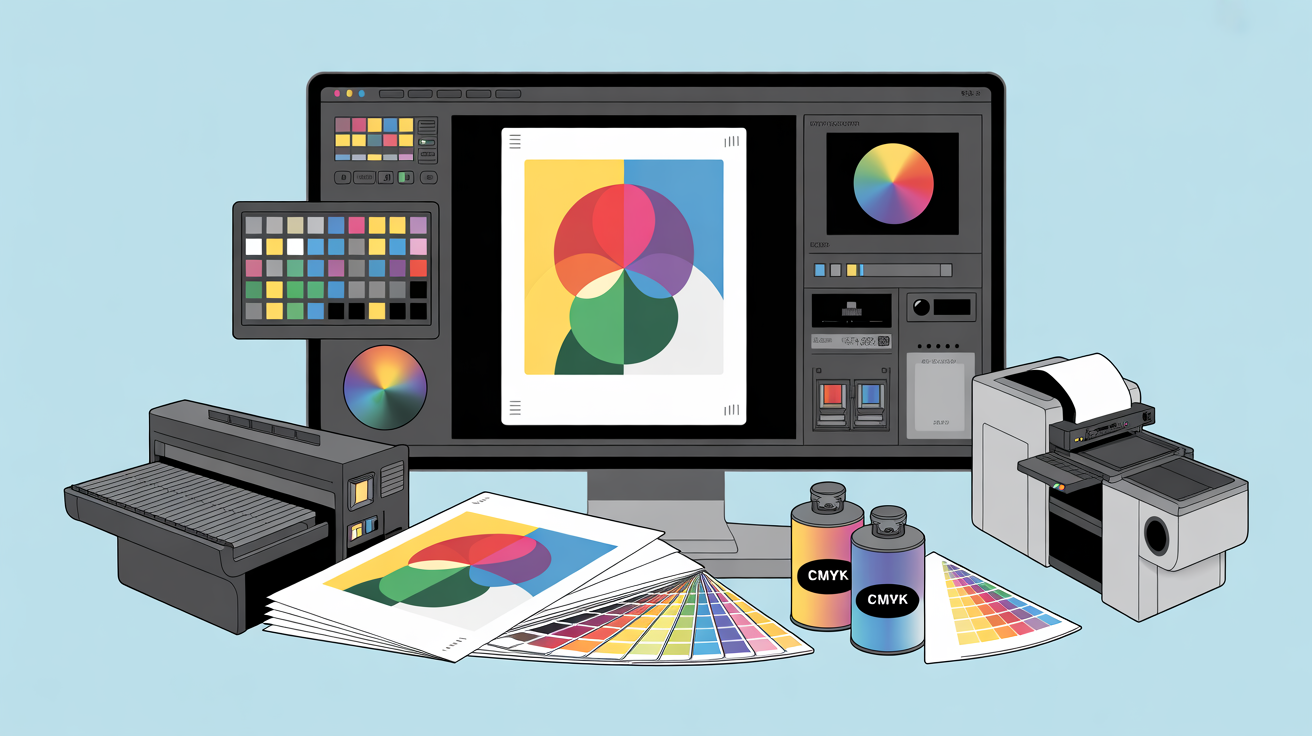 Estación de trabajo de diseño gráfico con monitor, impresoras, paletas de colores y tintas CMYK