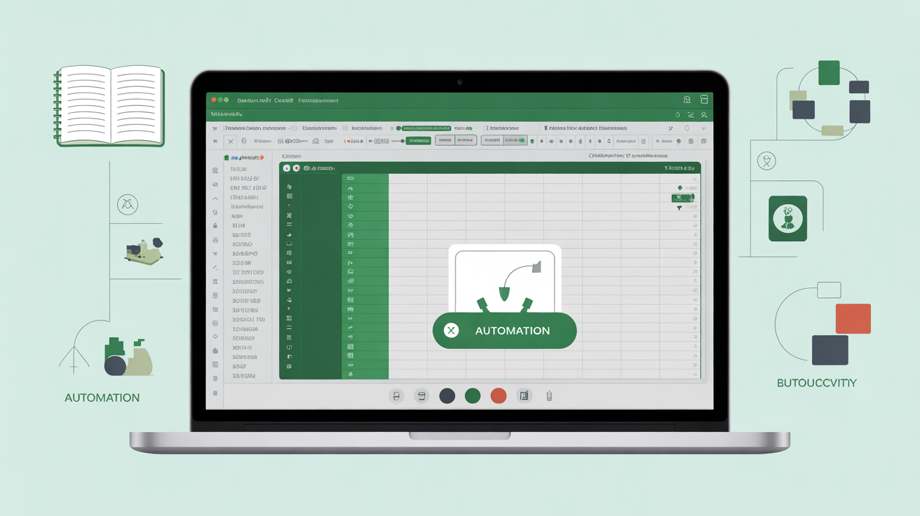 Laptop mostrando hoja de cálculo Excel con botón de automatización y gráficos de productividad