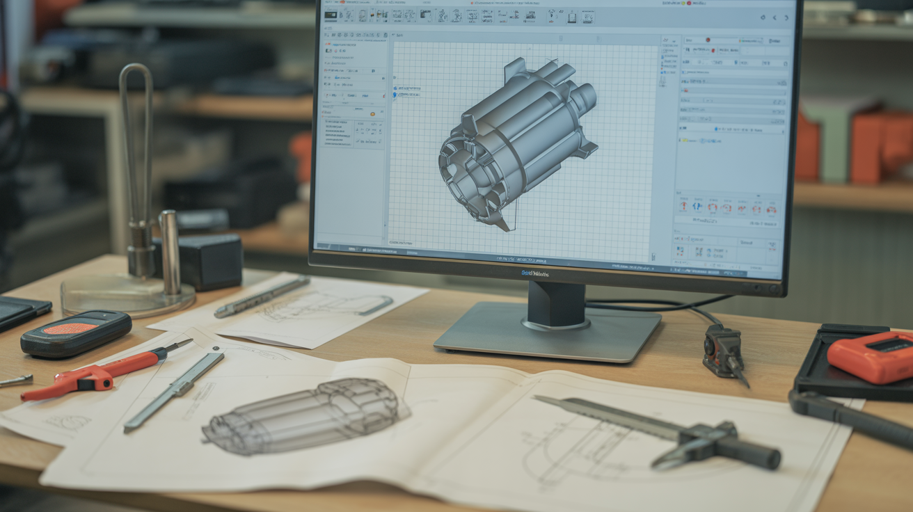 Escritorio de ingeniero con monitor mostrando diseño CAD 3D, planos técnicos y herramientas