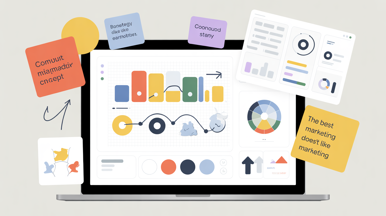 Laptop mostrando dashboard de marketing con gráficos de barras, líneas y circular, rodeado de notas adhesivas