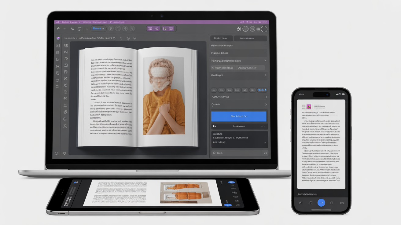 Laptop, tablet y smartphone mostrando software de diseño editorial con vista previa de libro digital