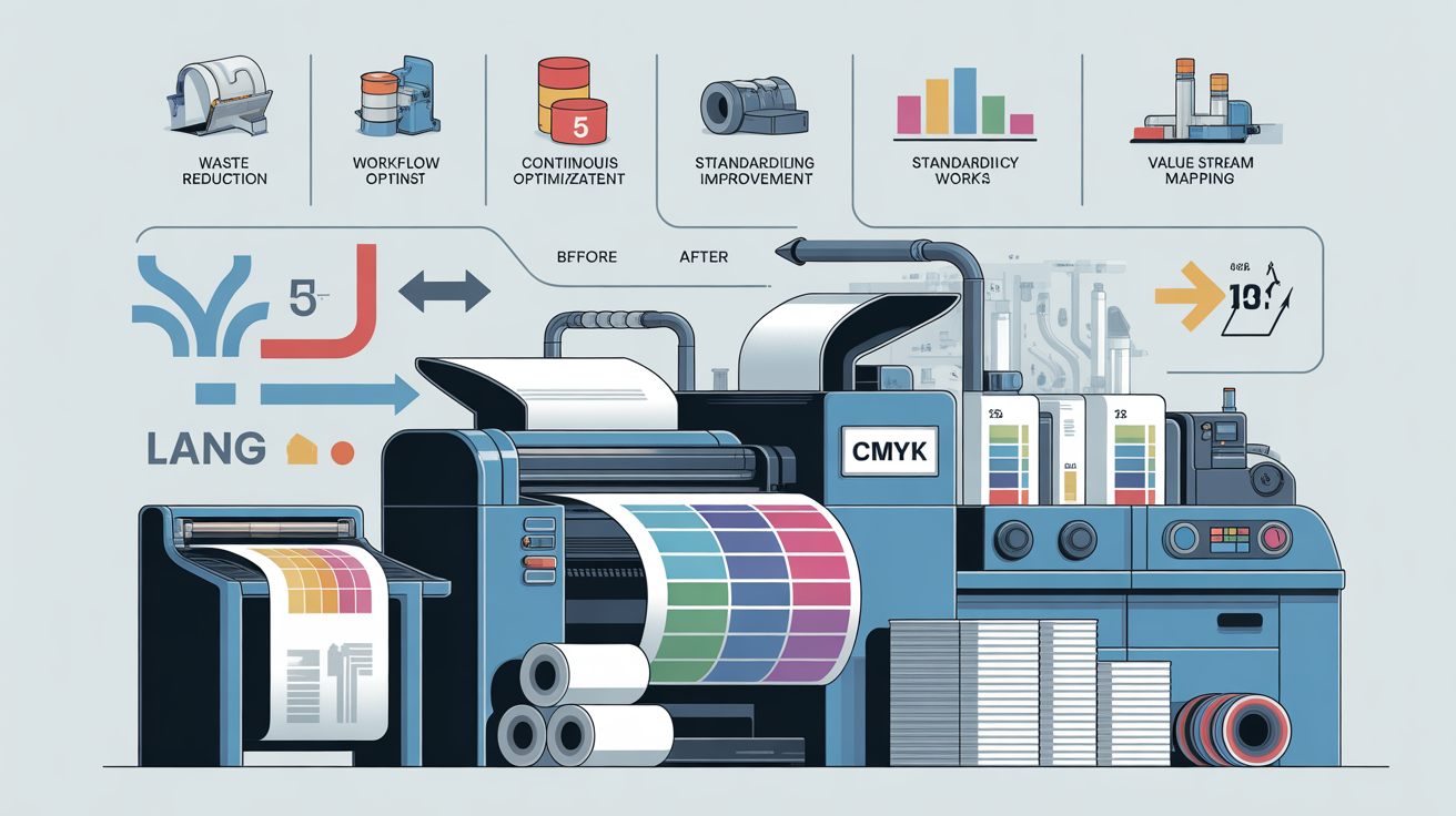 Infografía de proceso de impresión CMYK con iconos de optimización, reducción de residuos y mejora continua