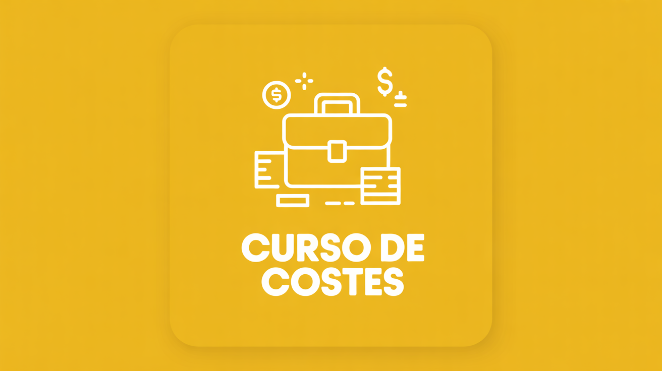 Icono de maletín con símbolos de dólar y documentos sobre fondo amarillo, texto Curso de Costes