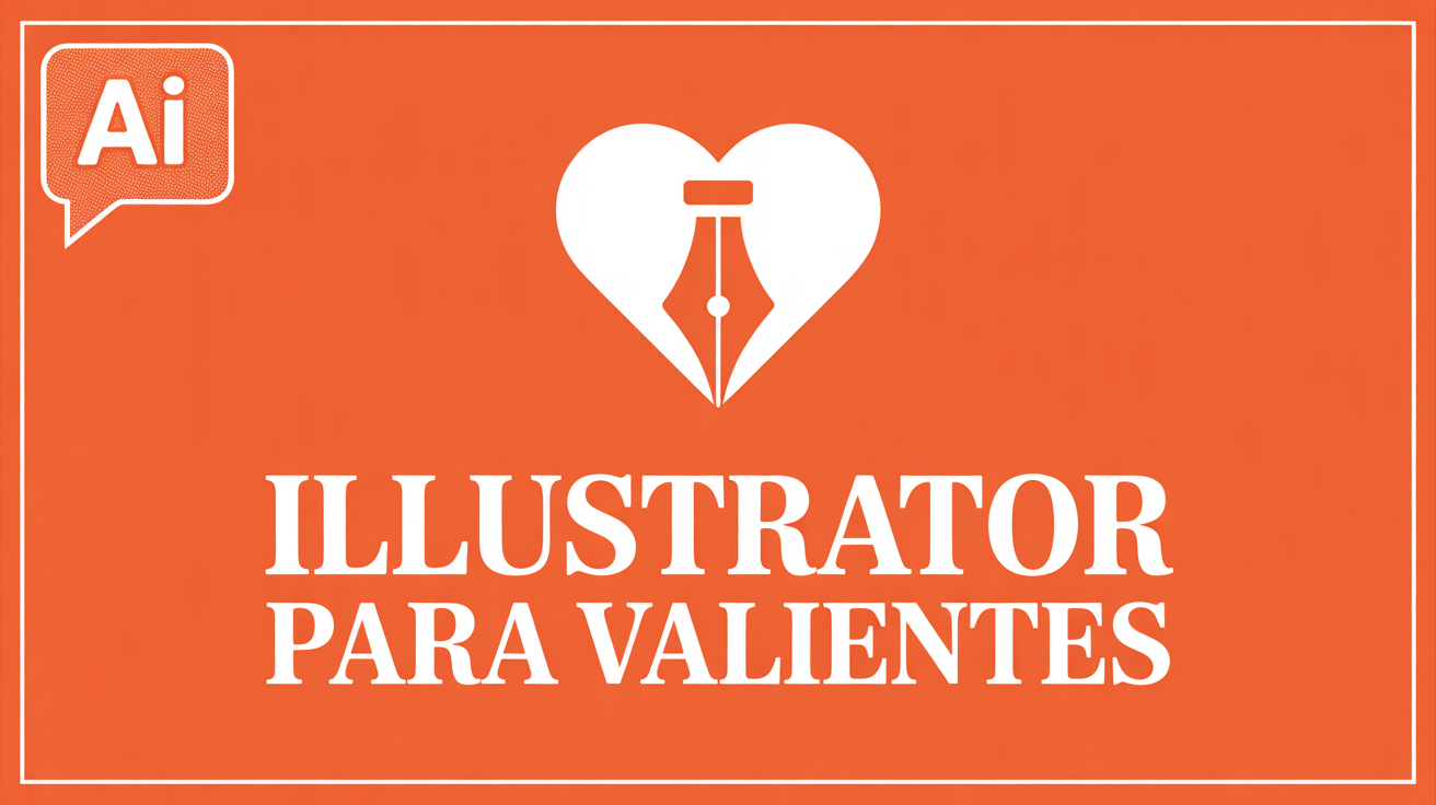 Logo de curso Illustrator para Valientes con icono de pluma en corazón sobre fondo naranja