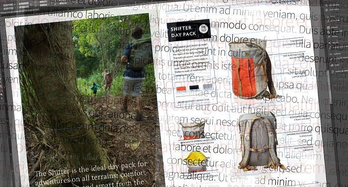 Diseño de catálogo para mochila Shifter Day Pack con fotos de senderismo en bosque tropical