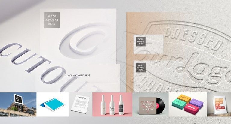 Colección de mockups de diseño gráfico con logotipos, papelería, botellas, vinilos y cajas de colores