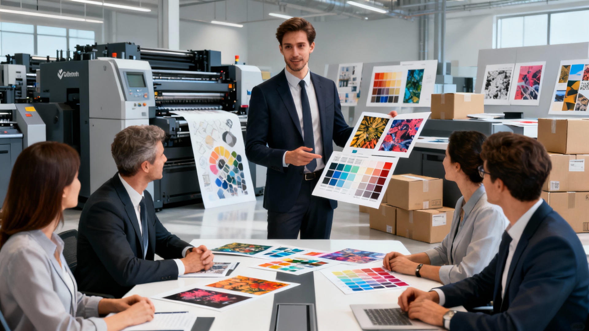 Ejecutivo presentando muestras de color a equipo en sala de imprenta industrial