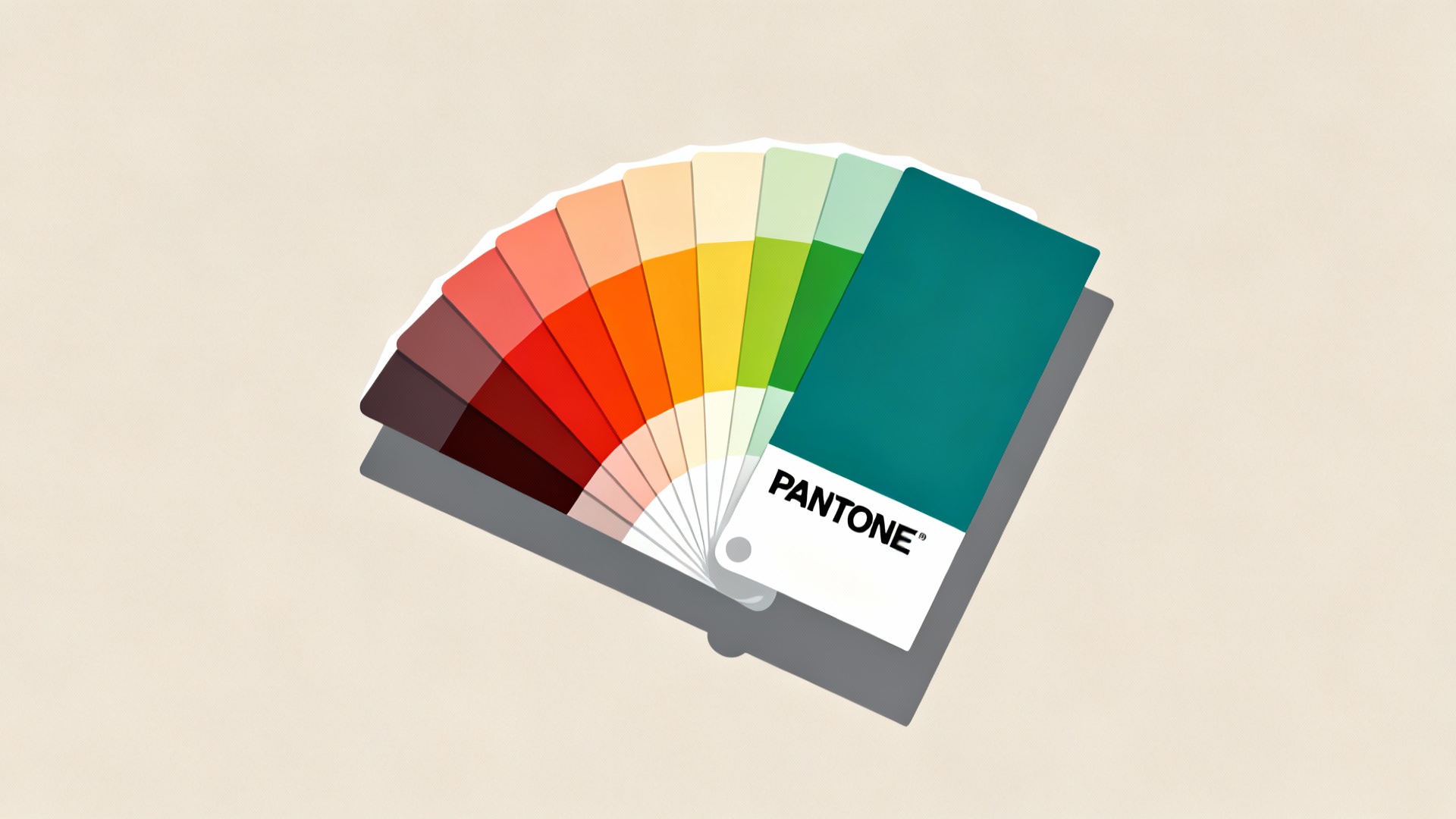 Abanico de muestras de colores Pantone desplegado mostrando tonos del rojo al verde azulado
