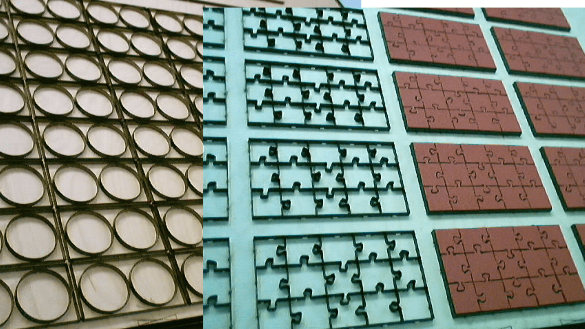 Piezas cortadas con láser: aros circulares en madera y puzzles pequeños en acrílico y cuero