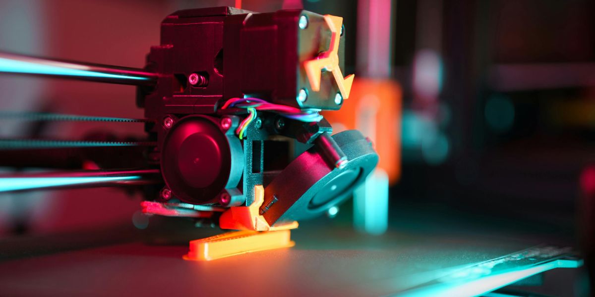 Cabezal de impresora 3D con extrusor y ventilador imprimiendo una pieza naranja