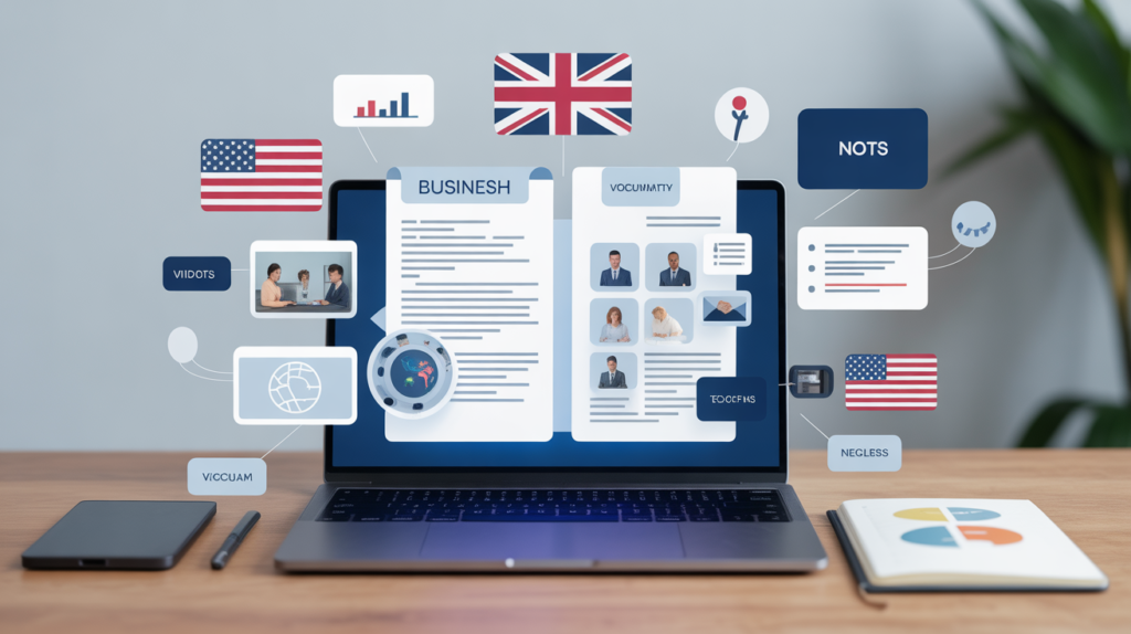 Portátil mostrando plataforma de negocios con íconos de banderas de Reino Unido y Estados Unidos